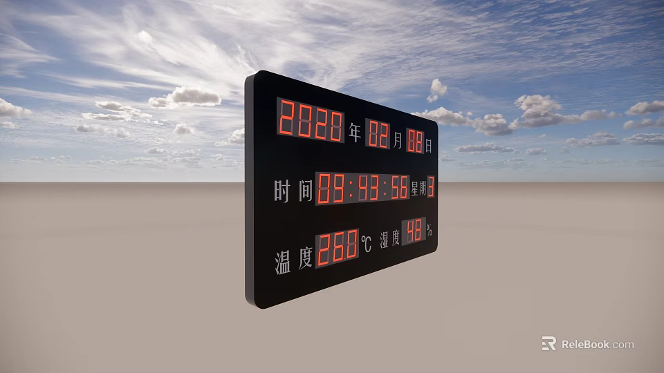 Black Computer Digital Display Screen With Red Numbers Showing Time Date And Temperature 3d model