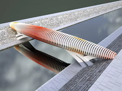 Scenic Modern Landscape Bridge With Orange White Striped Design Spanning Water And Reflection 3d model
