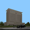 Modern Light Colored Office Building with Pedestrians Cars and Green Trees Under Clear Sky