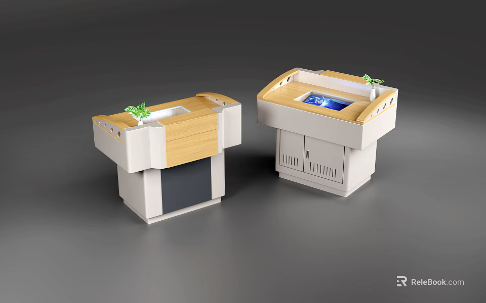 Modern Functional Desk With White Wooden Countertop Display Screen And Small Plants 3d model 