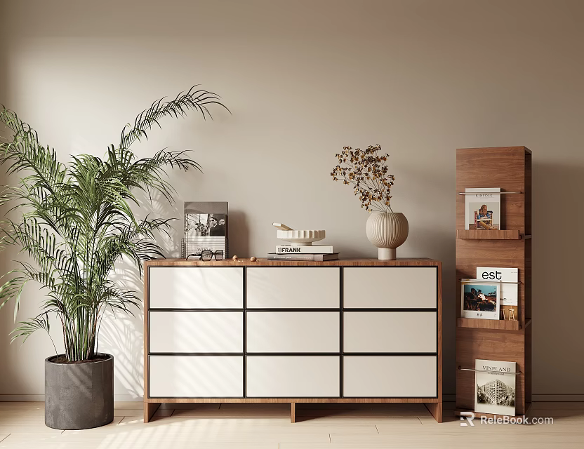 Modern Minimalist Console Table And Side Cabinet With Potted Plant Dried Flowers And Books 3d model 