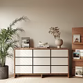 Modern Minimalist Console Table And Side Cabinet With Potted Plant Dried Flowers And Books