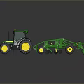 Green Agricultural Tractor With Plowing Equipment Large Yellow Wheels And Farming Tools