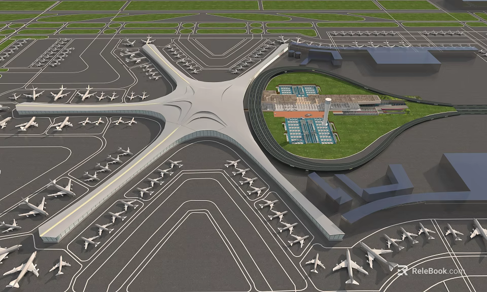 Aerial Planning View of Modern Airport Terminal With Airplanes Runways And Tarmacs 3d model 