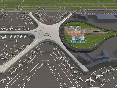 Aerial Planning View of Modern Airport Terminal With Airplanes Runways And Tarmacs 3d model