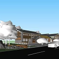 Traditional Post Station Building With Green Trees Lawn Yellow Car On Road Under Blue Sky