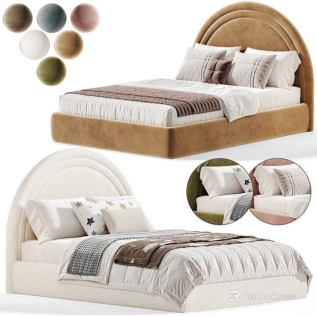 Soft Upholstered Kids Bed With Curved Headboard Beige Brown Colors Pillows And Quilted Bedding 3d model 