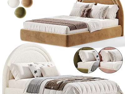Soft Upholstered Kids Bed With Curved Headboard Beige Brown Colors Pillows And Quilted Bedding 3d model