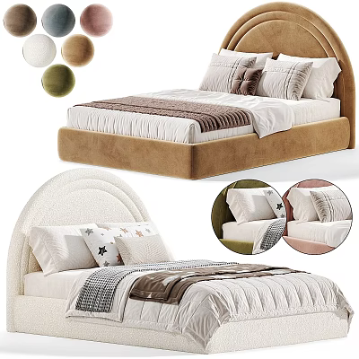 Soft Upholstered Kids Bed With Curved Headboard Beige Brown Colors Pillows And Quilted Bedding 3d model