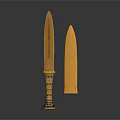 Ornate Golden Dagger And Sheath With Intricate Carved Designs And Decorative Handle
