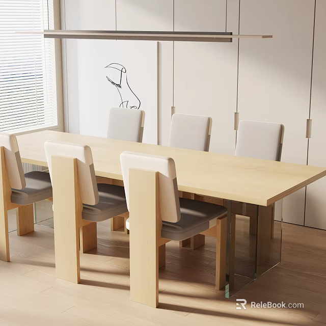Light Wooden Rectangular Dining Table Set With Six Chairs Grey Cushions And Minimalist Wall Art 3d model 
