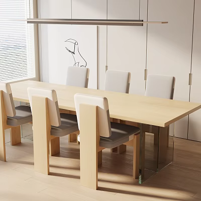 Light Wooden Rectangular Dining Table Set With Six Chairs Grey Cushions And Minimalist Wall Art 3d model