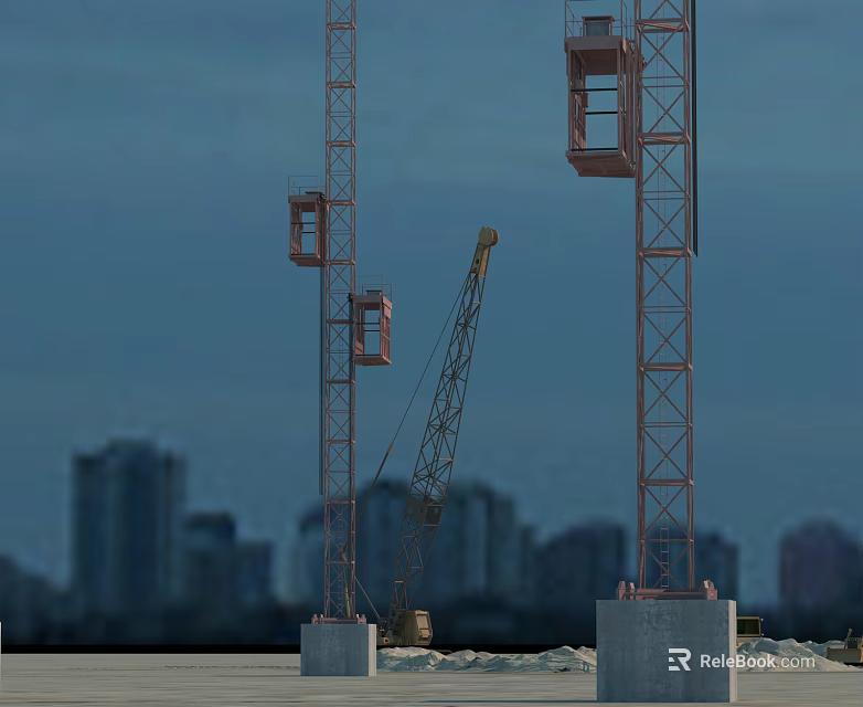 Yellow Functional Construction Vehicle On Sandy Ground With Two Tall Tower Cranes And Urban Buildings 3d model 