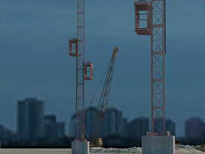 Yellow Functional Construction Vehicle On Sandy Ground With Two Tall Tower Cranes And Urban Buildings 3d model