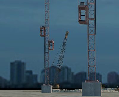 Yellow Functional Construction Vehicle On Sandy Ground With Two Tall Tower Cranes And Urban Buildings 3d model