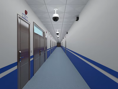 Modern Office Corridor With Blue Carpet White Striped Walls Security Cameras And Fire Alarm 3d model