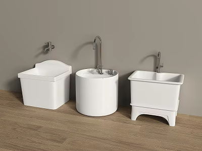 White Ceramic Washbasins With Different Designs On Wooden Floor And Gray Wall 3d model