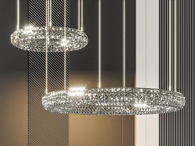 Elegant Circular Crystal Chandeliers Hanging In Modern Interior With Sparkling Design 3d model