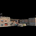 Detailed Urban Warfare Game Map 3D Model Featuring Damaged Brick Buildings Roof Flags And Graffiti