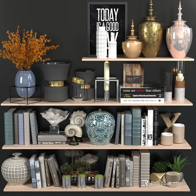 Elegant Decorative Ornament Set With Vases Books Seashells And Floral Arrangement For Shelf Home Decor 3d model 
