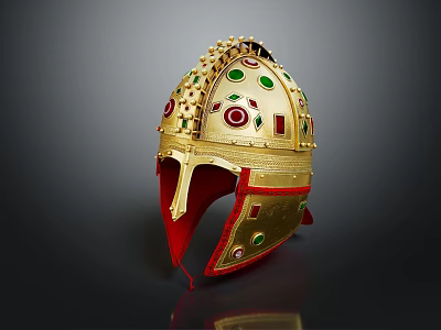 Medieval Knight Wearing Golden Helmet With Green Red Ornaments And Spikes 3d model