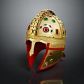 Medieval Knight Wearing Golden Helmet With Green Red Ornaments And Spikes