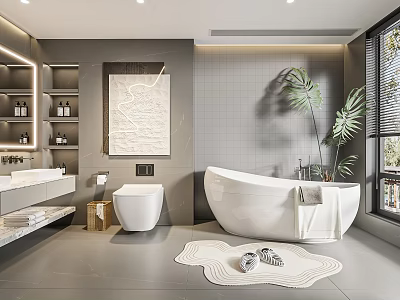 Modern Bathroom Interior With Gray Tile Walls White Bathtub Double Vanity Green Plant And Rug 3d model