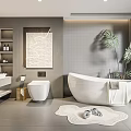 Modern Bathroom Interior With Gray Tile Walls White Bathtub Double Vanity Green Plant And Rug