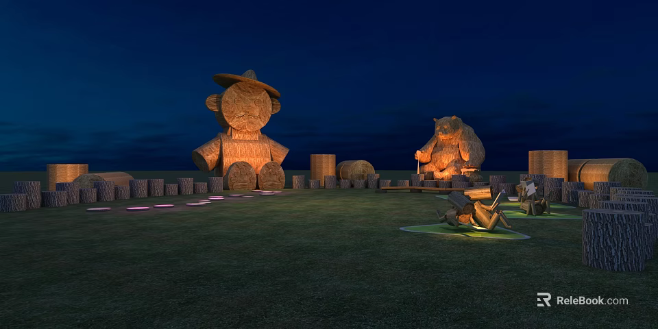 Rural Nighttime Landscape With Large Straw Sculptures And Illuminated Lights On Grassland 3d model 