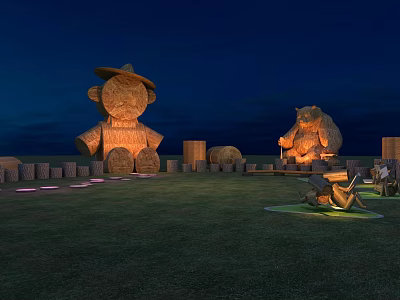Rural Nighttime Landscape With Large Straw Sculptures And Illuminated Lights On Grassland 3d model