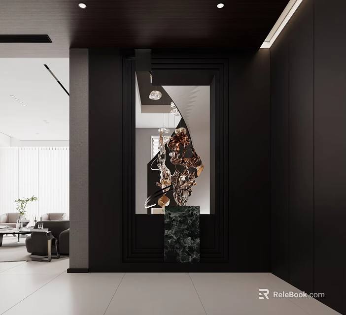 Elegant Modern Foyer Hallway Interior Design With Marble Countertop Sculpture And Black Framed Mirror 3d model 