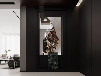 Elegant Modern Foyer Hallway Interior Design With Marble Countertop Sculpture And Black Framed Mirror 3d model