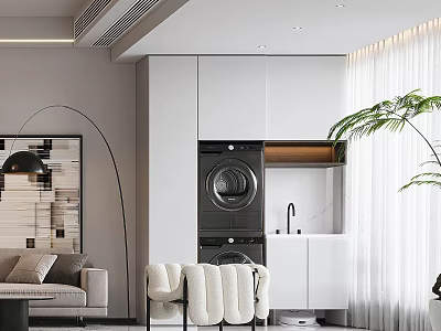 Functional Home Balcony With Washing Machine Laundry Cabinet Sofa Floor Lamp Green Plant And Curtain 3d model