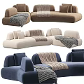 Modern Sectional Sofas In Beige Blue Brown With Throw Blanket And Decorative Cushions