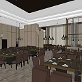 Hotpot Restaurant Interior with Long Layout Brown Chairs Tables Chandeliers Wooden Walls and Marble Partitions
