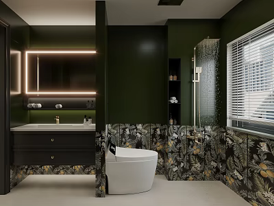 Modern Dark Green Bathroom Interior With Backlit Mirror Black Vanity White Toilet And Patterned Tiles 3d model