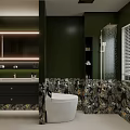 Modern Dark Green Bathroom Interior With Backlit Mirror Black Vanity White Toilet And Patterned Tiles