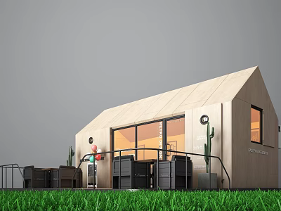 Rural Self Built House Featuring Light Wooden Exterior Large Windows Green Lawn And Outdoor Furniture 3d model