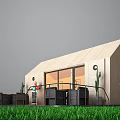 Rural Self Built House Featuring Light Wooden Exterior Large Windows Green Lawn And Outdoor Furniture