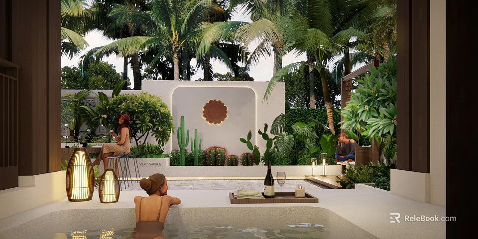 Tropical Garden Landscape Featuring Palm Trees Sun Design Wall Spa Pool and Green Plants 3d model 