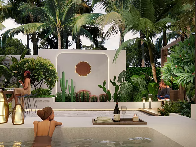 Tropical Garden Landscape Featuring Palm Trees Sun Design Wall Spa Pool and Green Plants 3d model