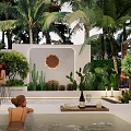 Tropical Garden Landscape Featuring Palm Trees Sun Design Wall Spa Pool and Green Plants
