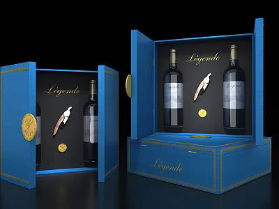 Blue Liguria Open Wine Box With Two Bottles Gold Feather And Emblem 3d model