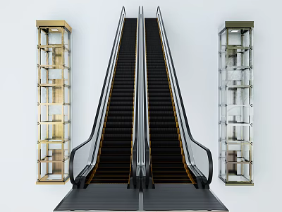 Modern Double Escalators With Glass Display Cases And Sleek Metal Frames In Interior 3d model