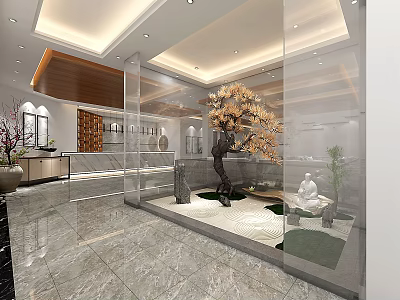 Hotel Lobby Interior Design With Marble Floor Glass Partitions And Decorative Tree Stone Statue 3d model
