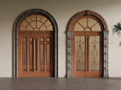 Elegant Wooden Double Doors With Arched Top Glass Panels And Stone Frames 3d model