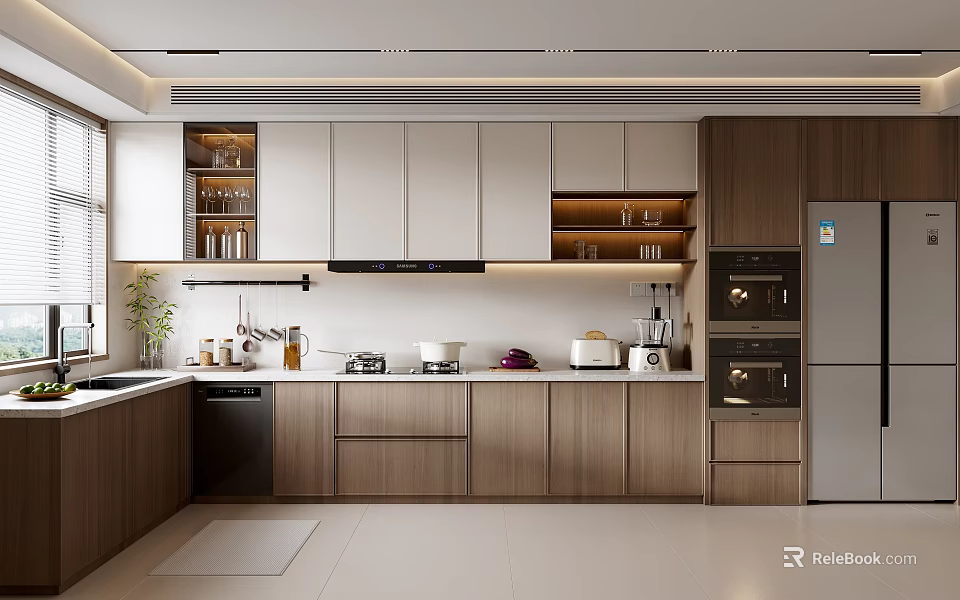 Modern Open Concept Kitchen Interior With Wooden Cabinets White Countertops And Appliances 3d model 