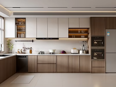 Modern Open Concept Kitchen Interior With Wooden Cabinets White Countertops And Appliances 3d model