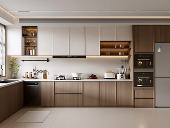New Chinese Style Song Style Kitchen New Chinese Style Kitchen L-shaped Kitchen Refrigerator Gas Stove Range Hood Kitchen Supplies Solid Wood Kitchen Vase Plant Electrical Cabinet 3d model