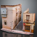 Miniature Old Town Building Model With Narrow Alleyway Red Stop Sign And Balconies